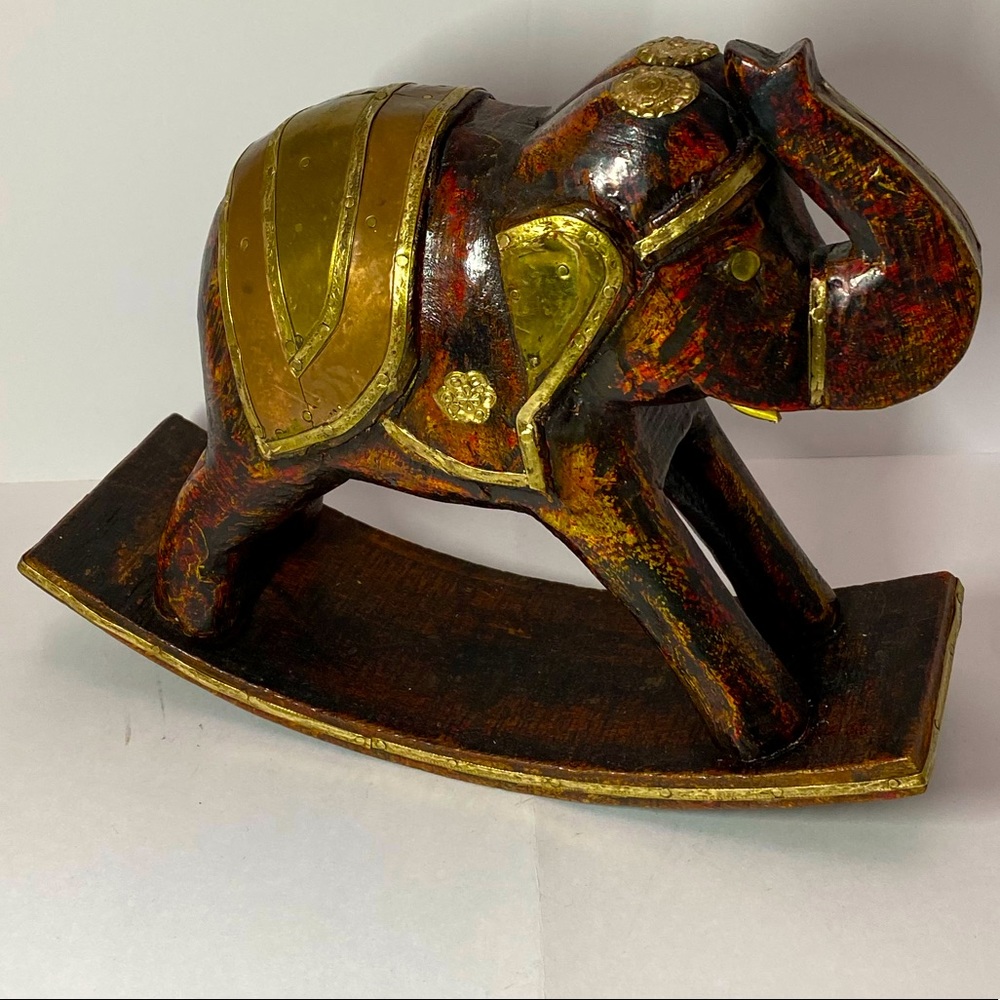 VTG HANDCARVED WOODEN BRASS&COPPER INLAY ELEPHANT